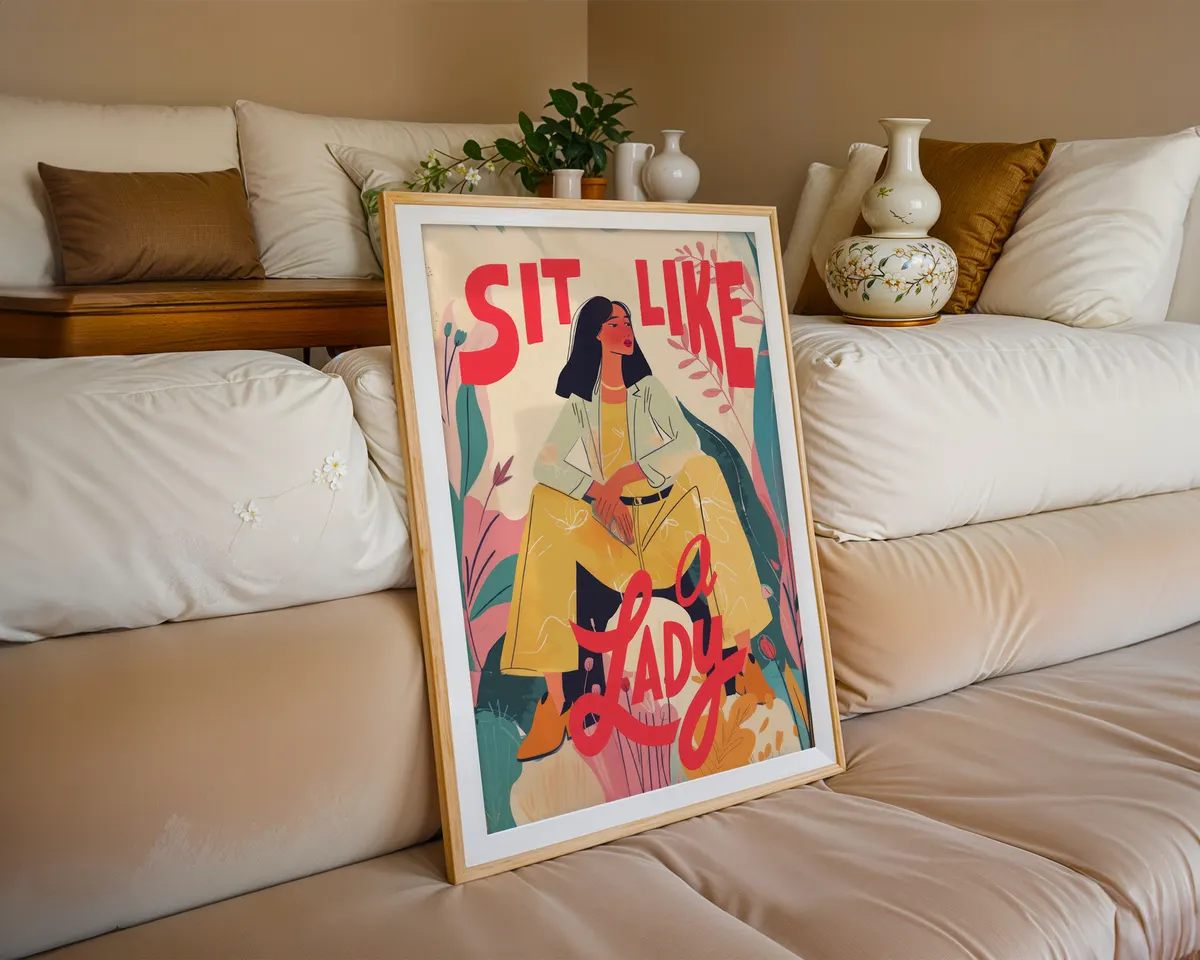 Feminist statement typography poster with a boldly illustrated woman seated freely in a high-contrast red and black design. — photo 6