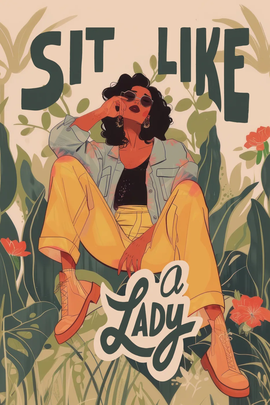 Graphic feminist poster of a woman sitting freely with bold typography and a striking bold colour palette.