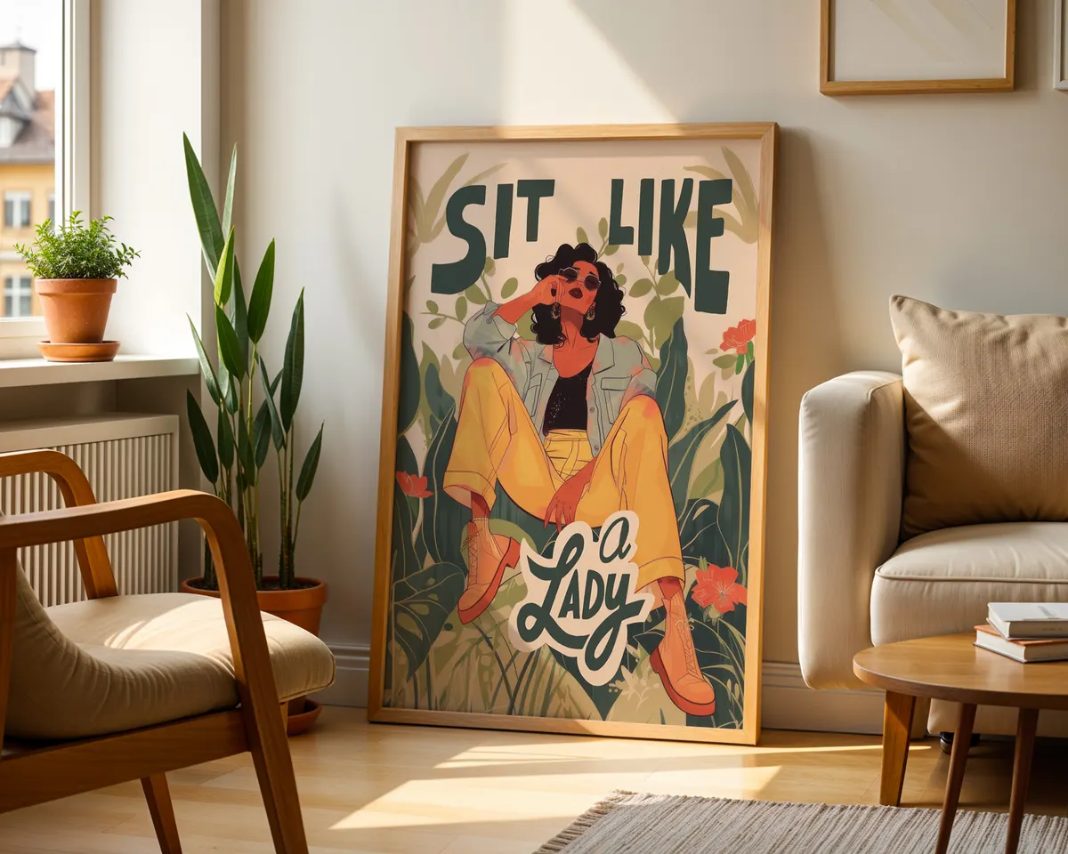 Graphic feminist poster of a woman sitting freely with bold typography and a striking bold colour palette. — photo 2