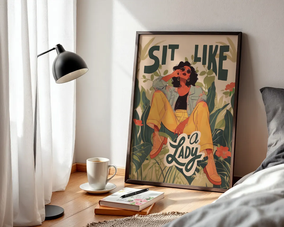 Graphic feminist poster of a woman sitting freely with bold typography and a striking bold colour palette. — photo 3