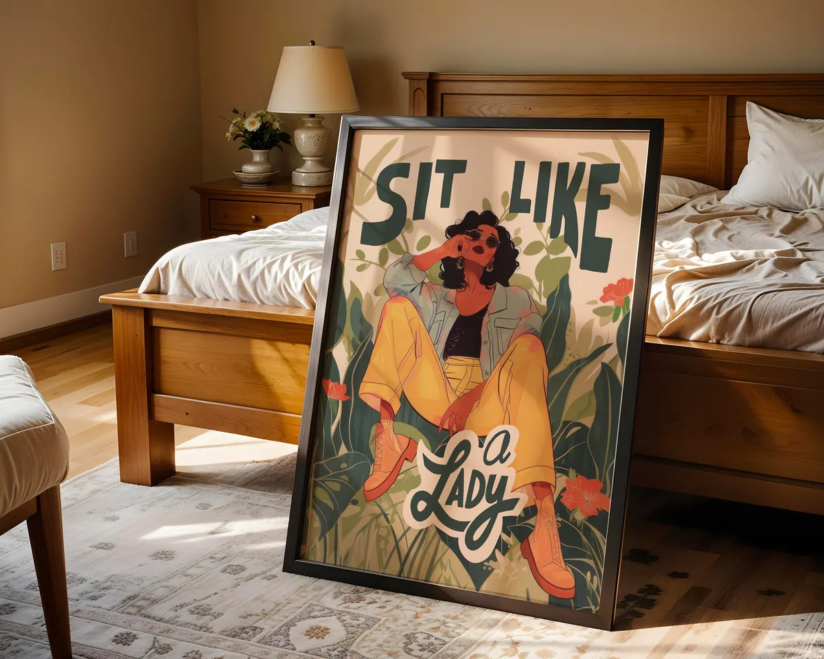 Graphic feminist poster of a woman sitting freely with bold typography and a striking bold colour palette. — photo 4
