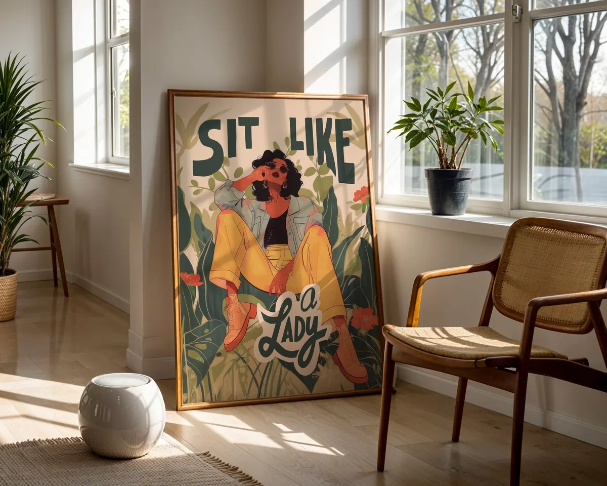 Graphic feminist poster of a woman sitting freely with bold typography and a striking bold colour palette. — photo 5