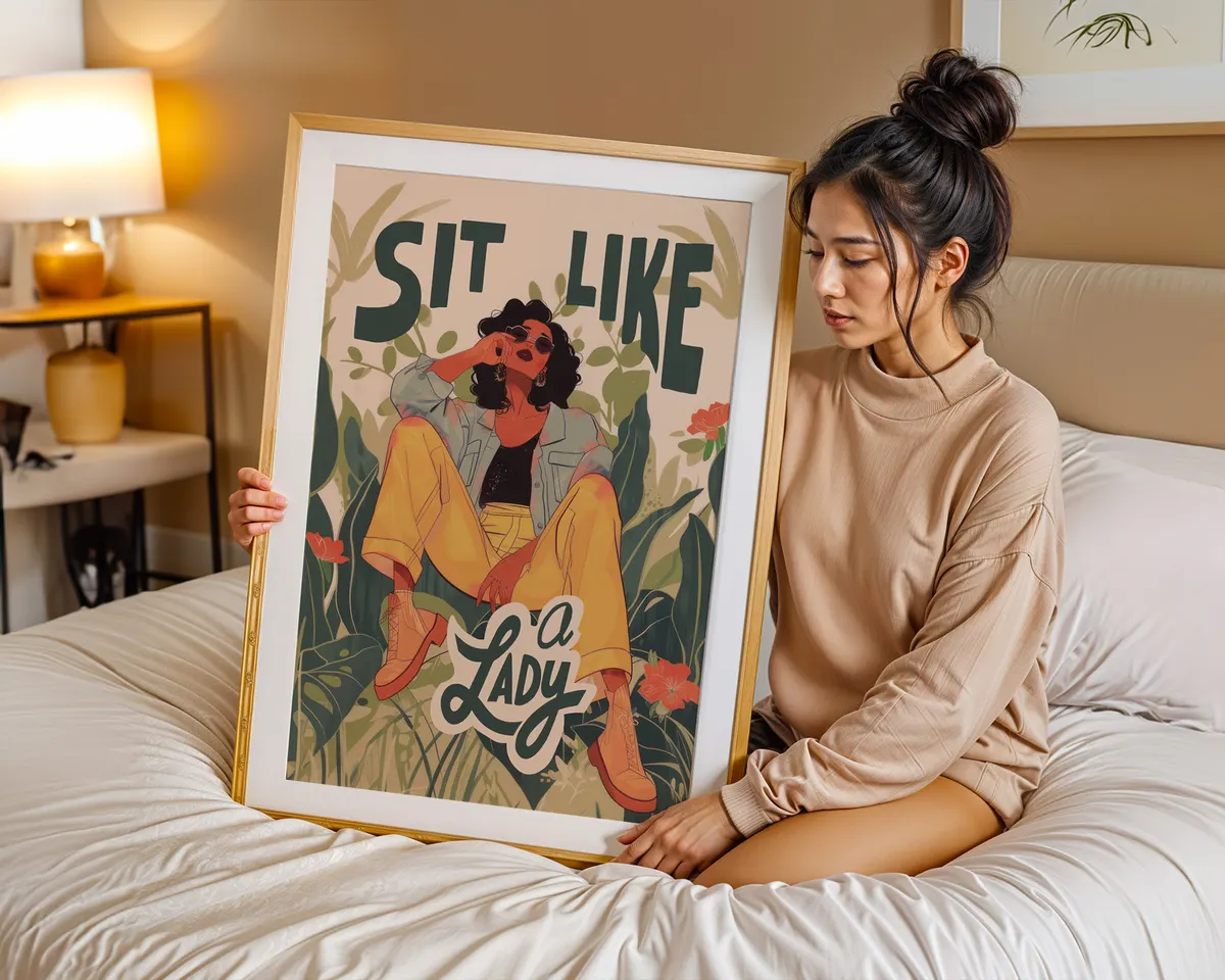 Graphic feminist poster of a woman sitting freely with bold typography and a striking bold colour palette. — photo 7