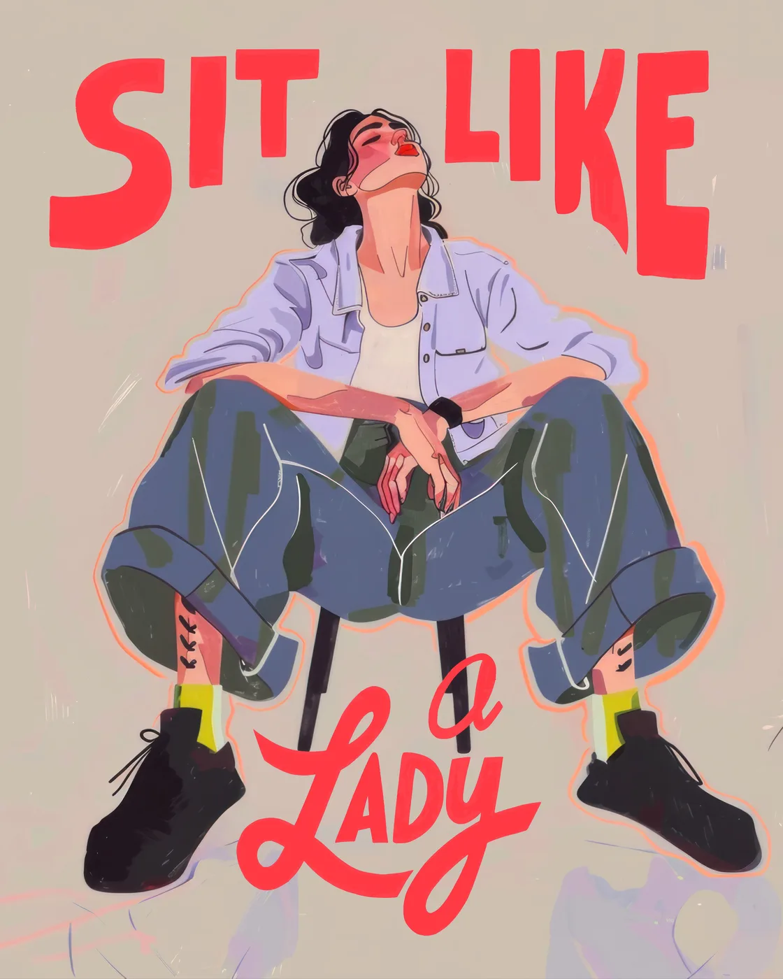 Compact feminist typography art print reading Sit Like a Lady in a bold high-contrast graphic design for desks and shelves.