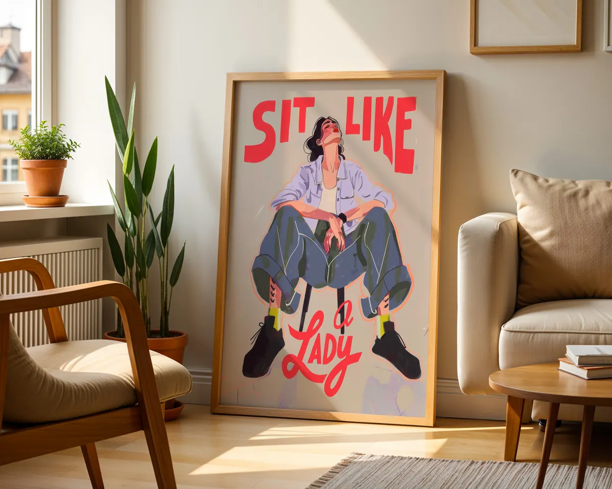 Compact feminist typography art print reading Sit Like a Lady in a bold high-contrast graphic design for desks and shelves. — photo 2