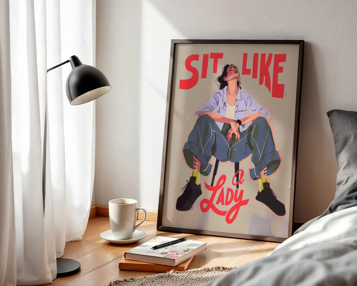Compact feminist typography art print reading Sit Like a Lady in a bold high-contrast graphic design for desks and shelves. — photo 3