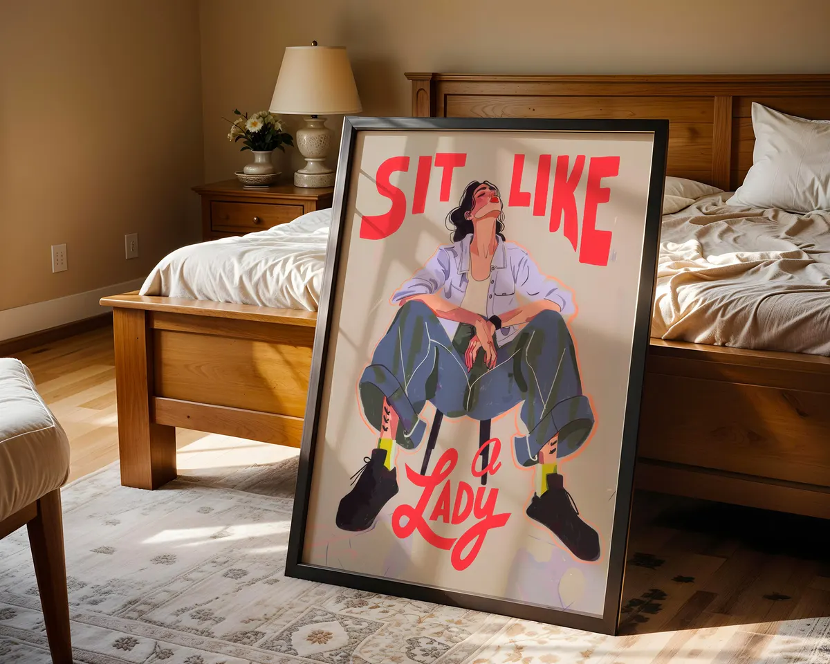 Compact feminist typography art print reading Sit Like a Lady in a bold high-contrast graphic design for desks and shelves. — photo 4