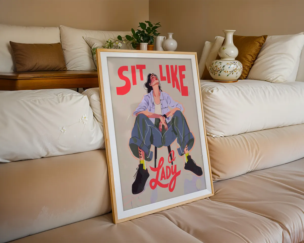 Compact feminist typography art print reading Sit Like a Lady in a bold high-contrast graphic design for desks and shelves. — photo 6