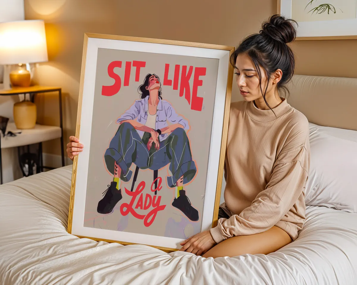 Compact feminist typography art print reading Sit Like a Lady in a bold high-contrast graphic design for desks and shelves. — photo 7
