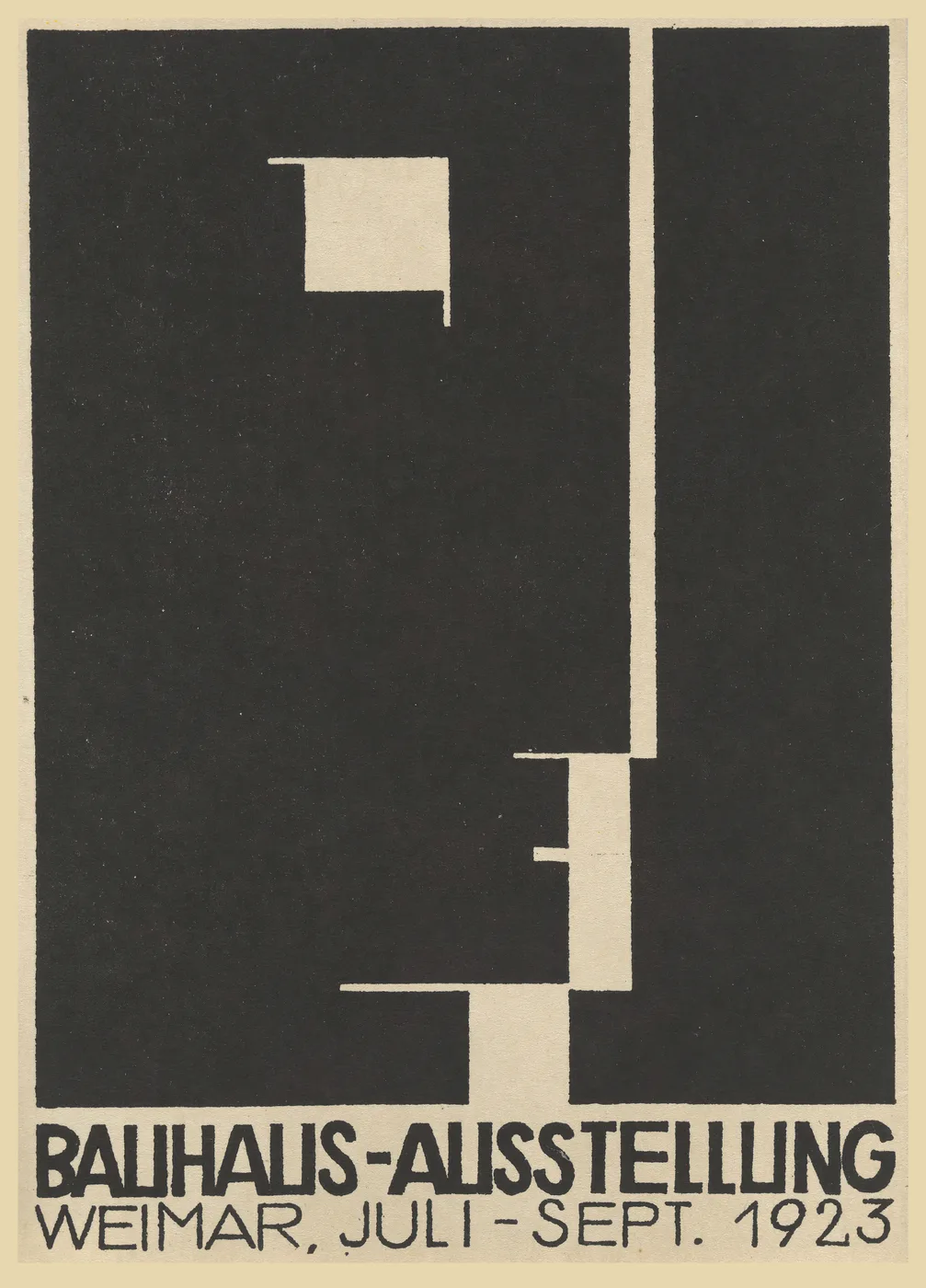 Bauhaus 1923 Weimar exhibition style poster with bold geometric shapes and typography in primary red, yellow and blue.