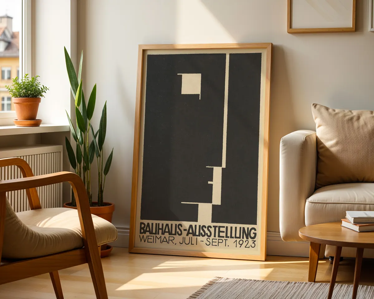 Bauhaus 1923 Weimar exhibition style poster with bold geometric shapes and typography in primary red, yellow and blue. — photo 2