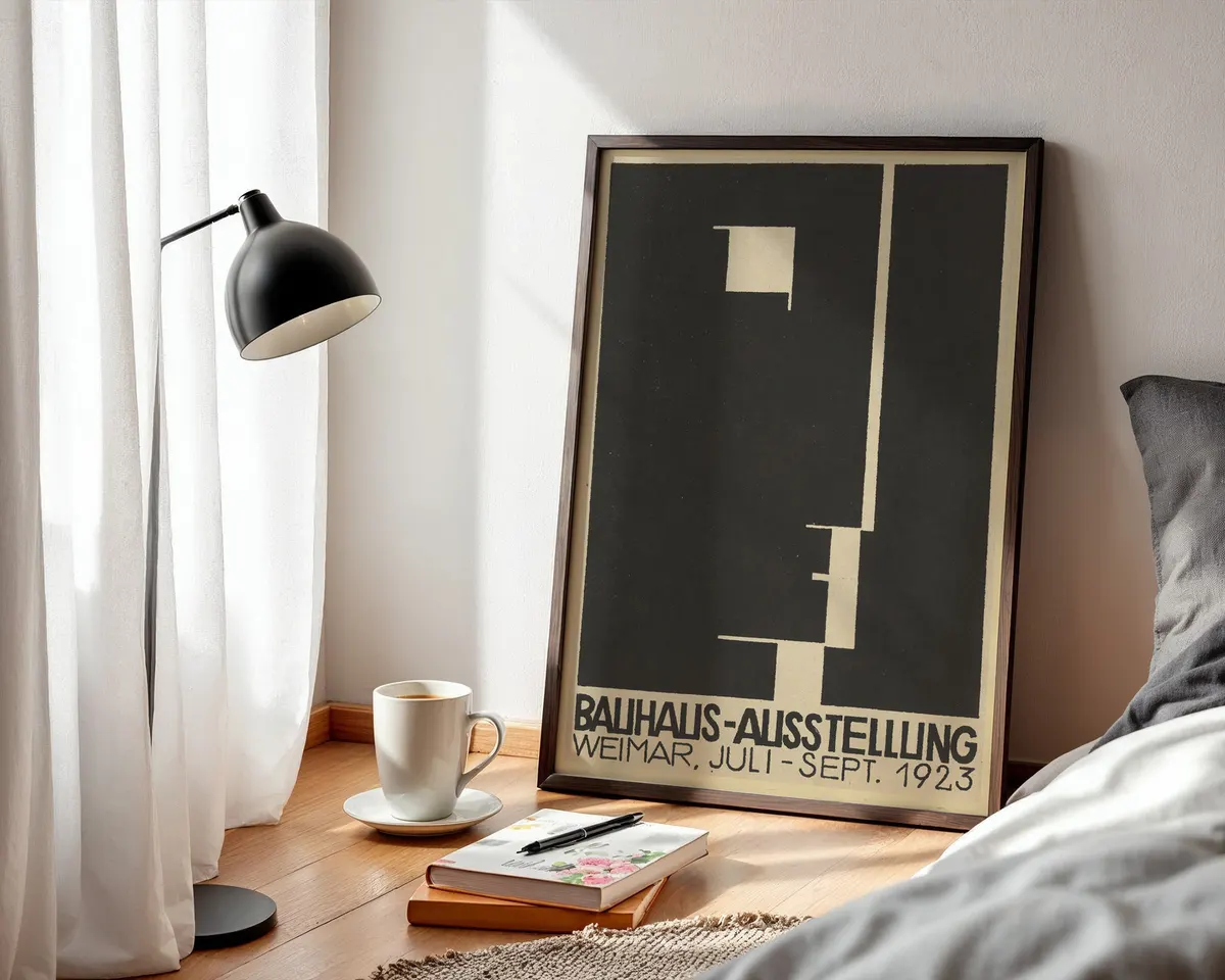 Bauhaus 1923 Weimar exhibition style poster with bold geometric shapes and typography in primary red, yellow and blue. — photo 3
