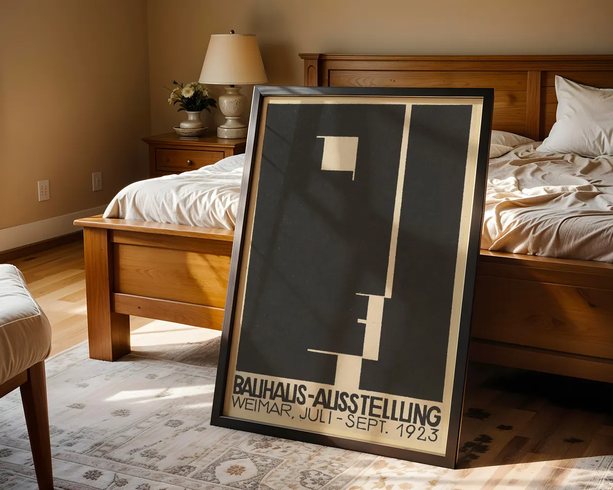 Bauhaus 1923 Weimar exhibition style poster with bold geometric shapes and typography in primary red, yellow and blue. — photo 4