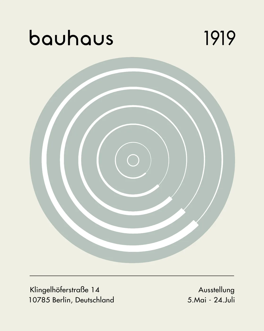 Minimalist Bauhaus style poster with precise geometric shapes and modernist typography in grey and white tones.