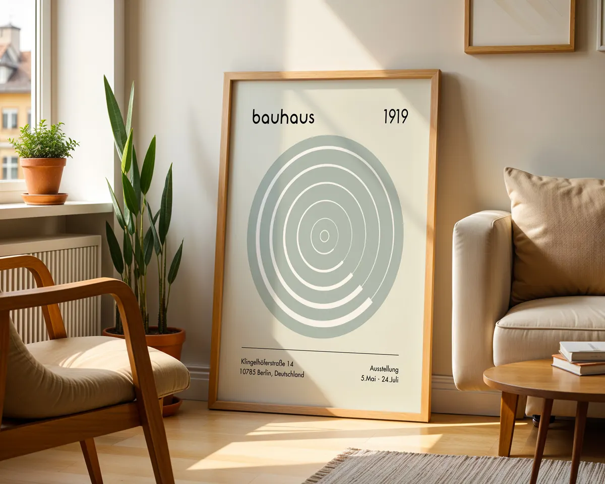 Minimalist Bauhaus style poster with precise geometric shapes and modernist typography in grey and white tones. — photo 2