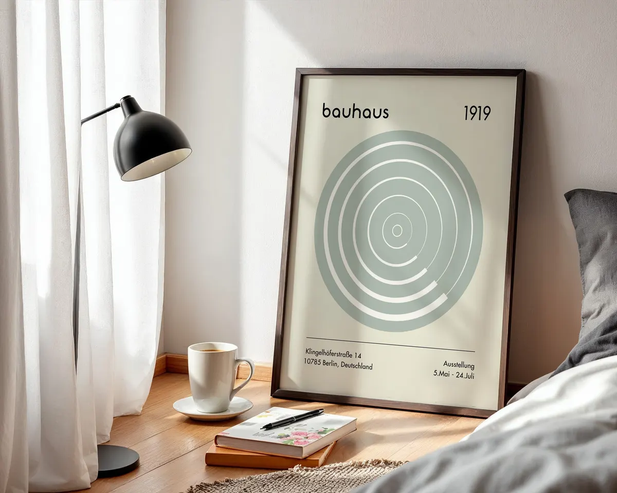 Minimalist Bauhaus style poster with precise geometric shapes and modernist typography in grey and white tones. — photo 3