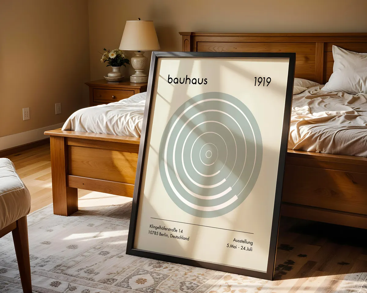 Minimalist Bauhaus style poster with precise geometric shapes and modernist typography in grey and white tones. — photo 4