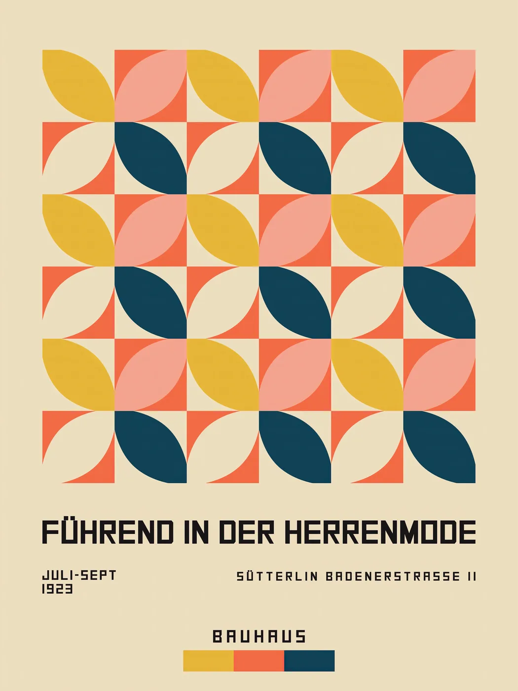 Bauhaus geometric pattern poster with repeating modernist shapes in primary and secondary colour blocks.