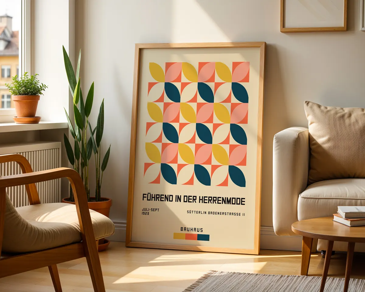Bauhaus geometric pattern poster with repeating modernist shapes in primary and secondary colour blocks. — photo 2