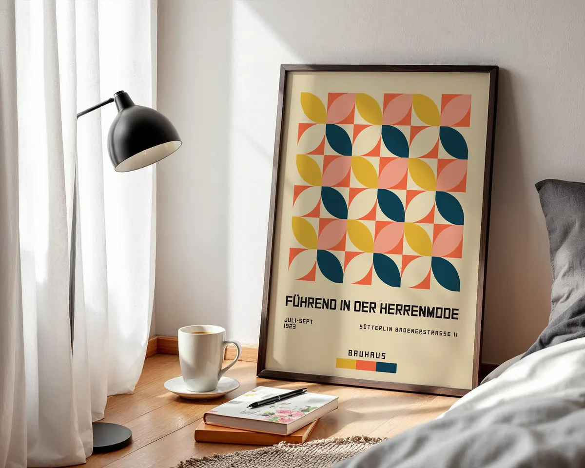 Bauhaus geometric pattern poster with repeating modernist shapes in primary and secondary colour blocks. — photo 3