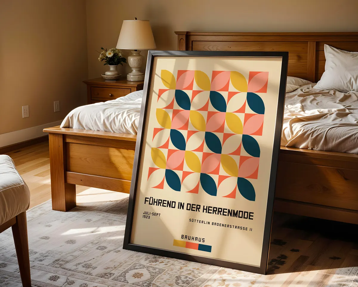 Bauhaus geometric pattern poster with repeating modernist shapes in primary and secondary colour blocks. — photo 4