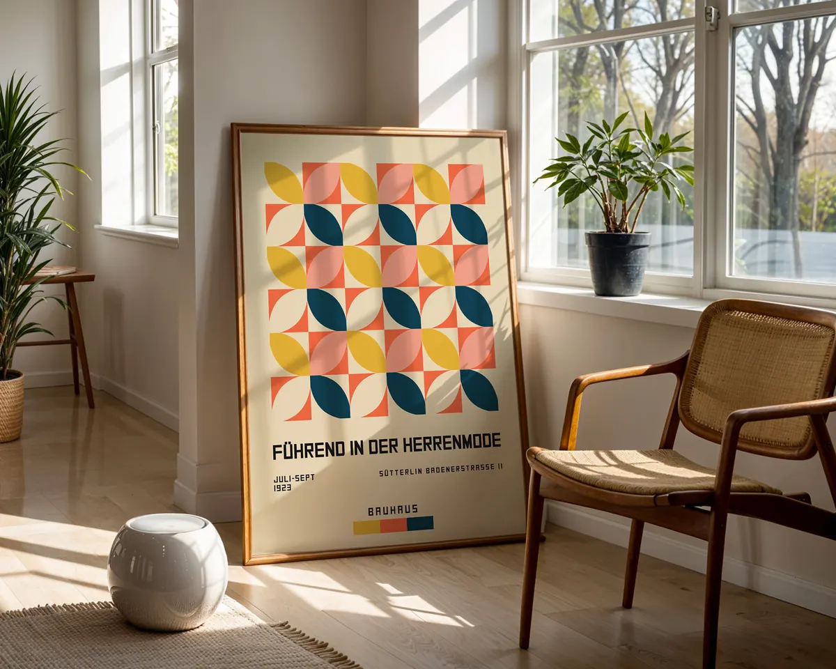 Bauhaus geometric pattern poster with repeating modernist shapes in primary and secondary colour blocks. — photo 5