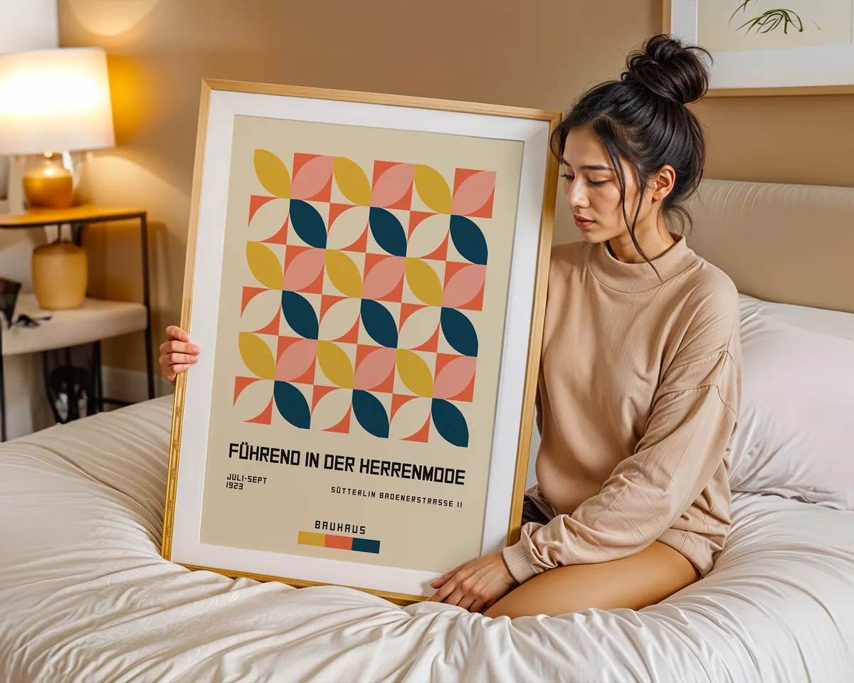 Bauhaus geometric pattern poster with repeating modernist shapes in primary and secondary colour blocks. — photo 7