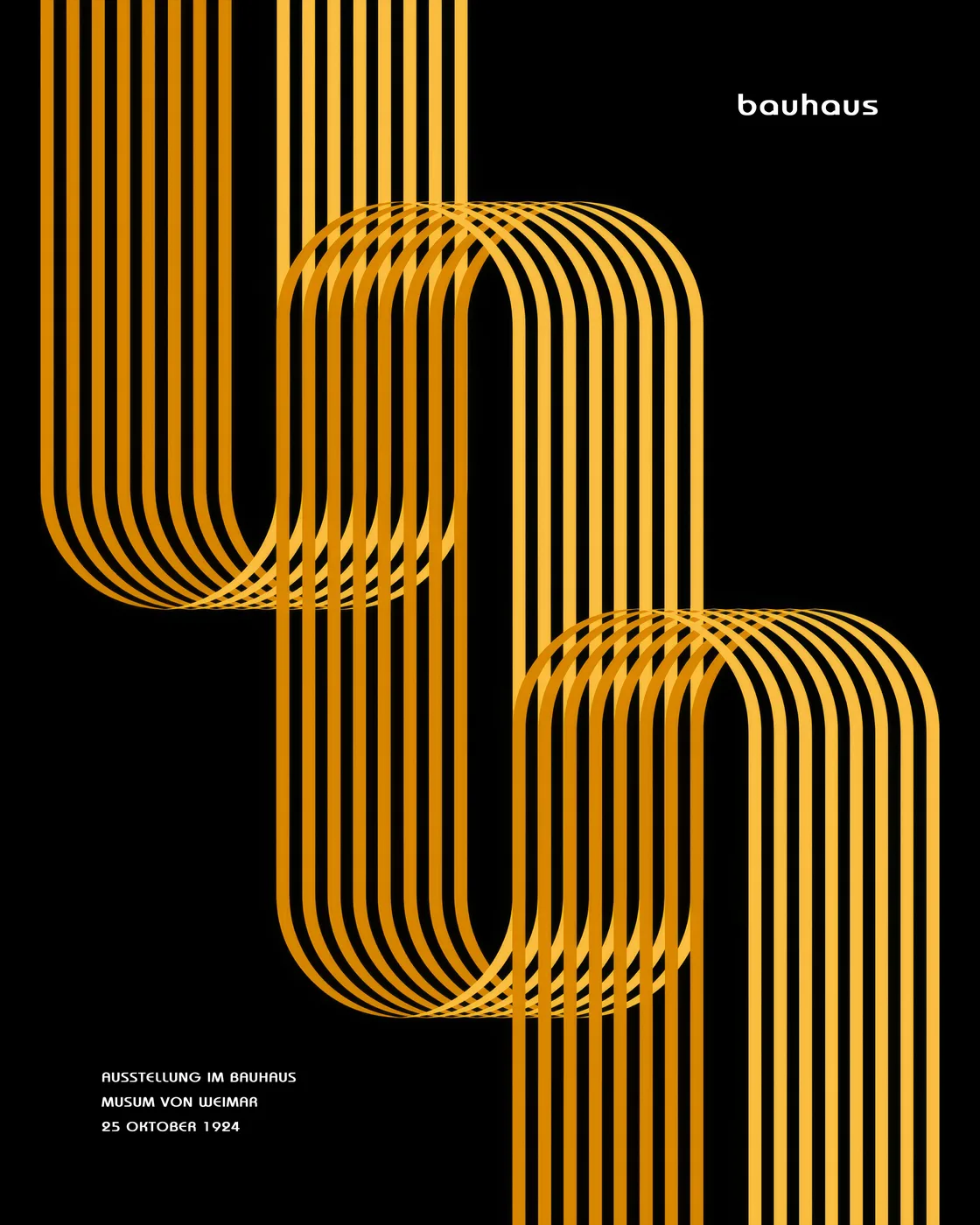 Bauhaus style geometric poster in warm yellow and amber with bold modernist shapes and clean typography.