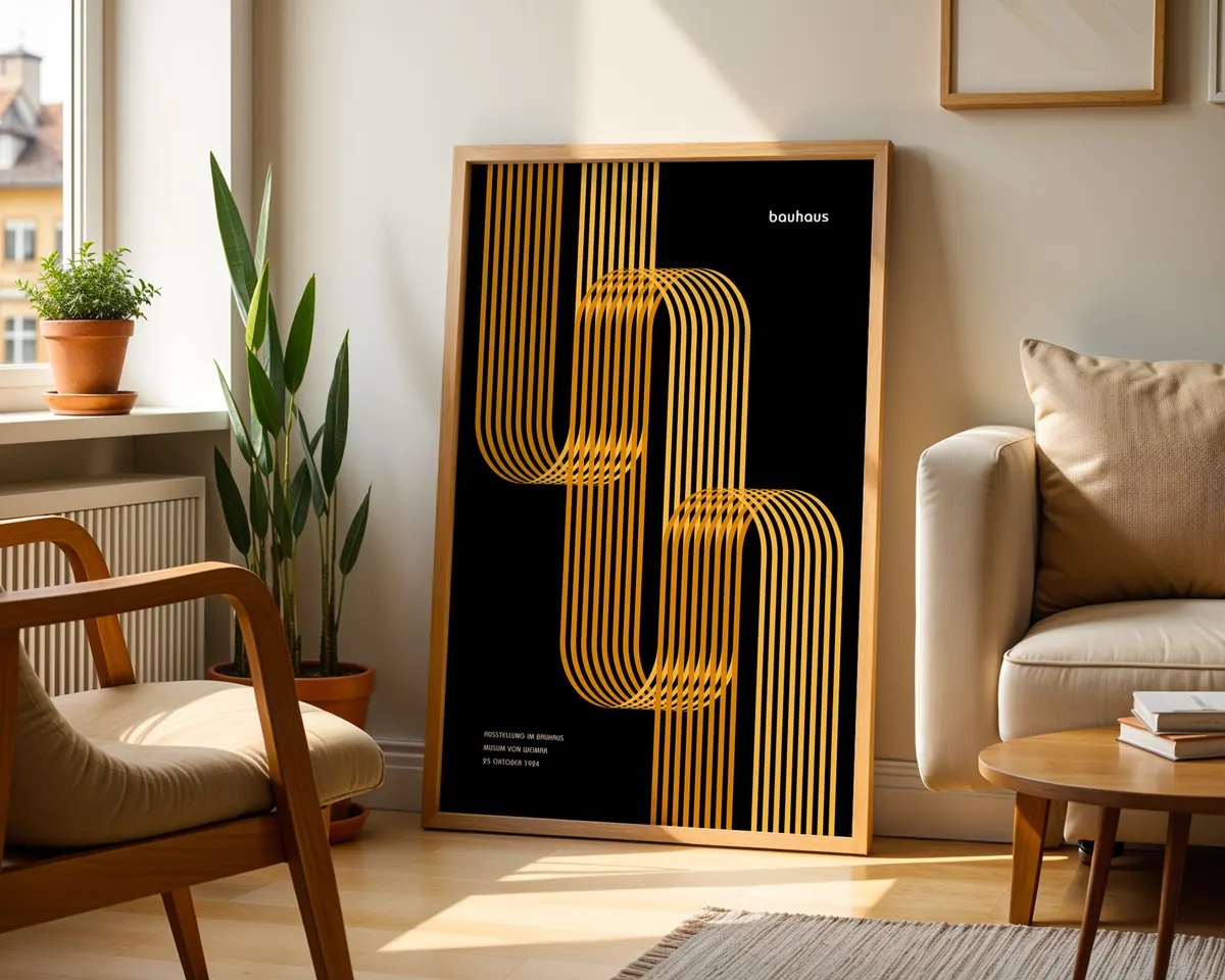 Bauhaus style geometric poster in warm yellow and amber with bold modernist shapes and clean typography. — photo 2
