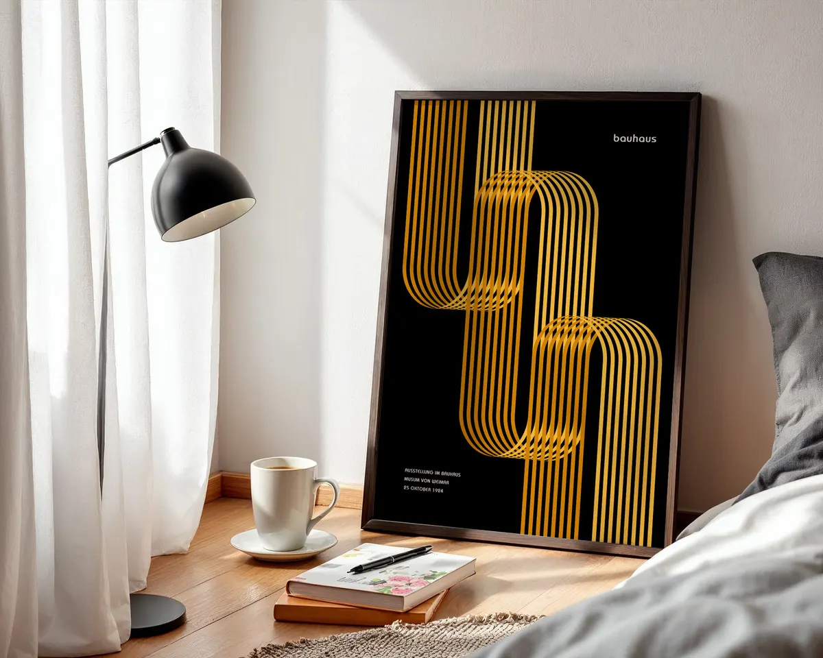 Bauhaus style geometric poster in warm yellow and amber with bold modernist shapes and clean typography. — photo 3