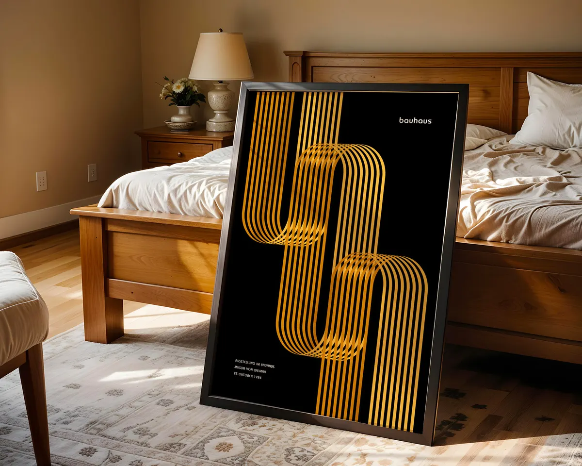 Bauhaus style geometric poster in warm yellow and amber with bold modernist shapes and clean typography. — photo 4