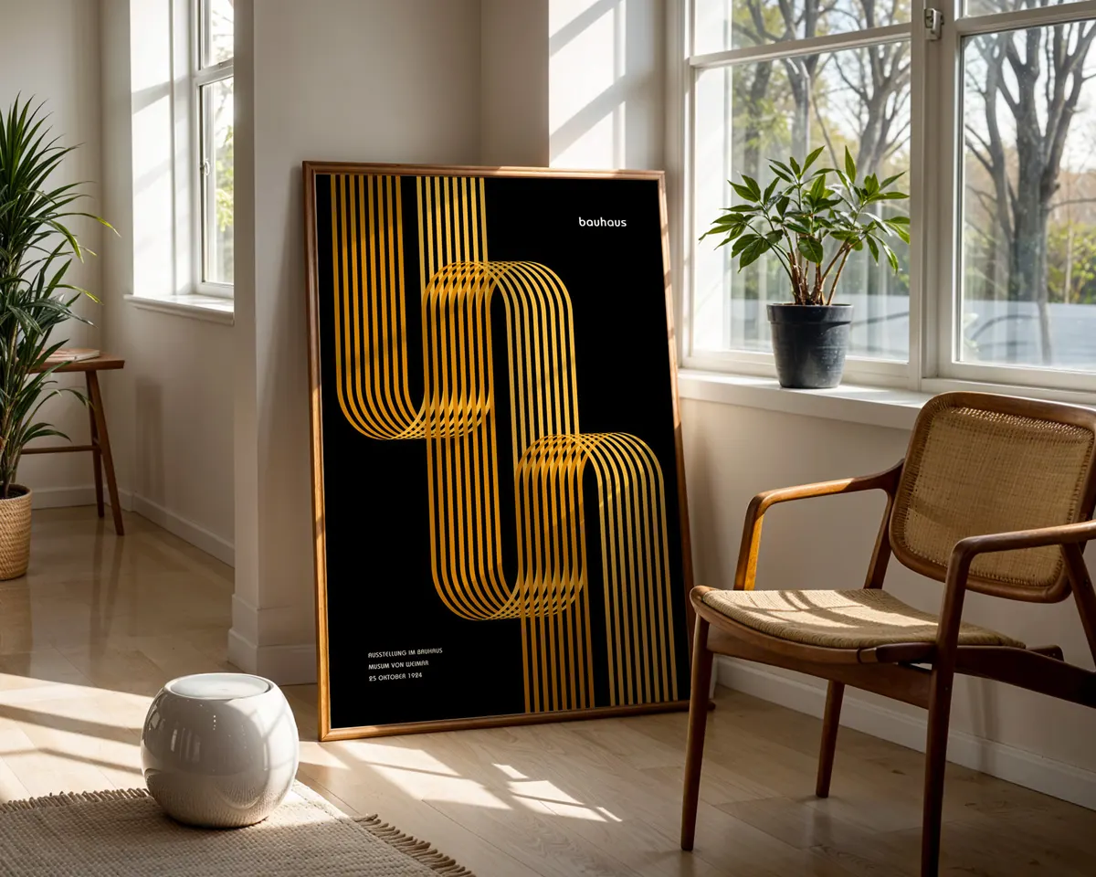 Bauhaus style geometric poster in warm yellow and amber with bold modernist shapes and clean typography. — photo 5