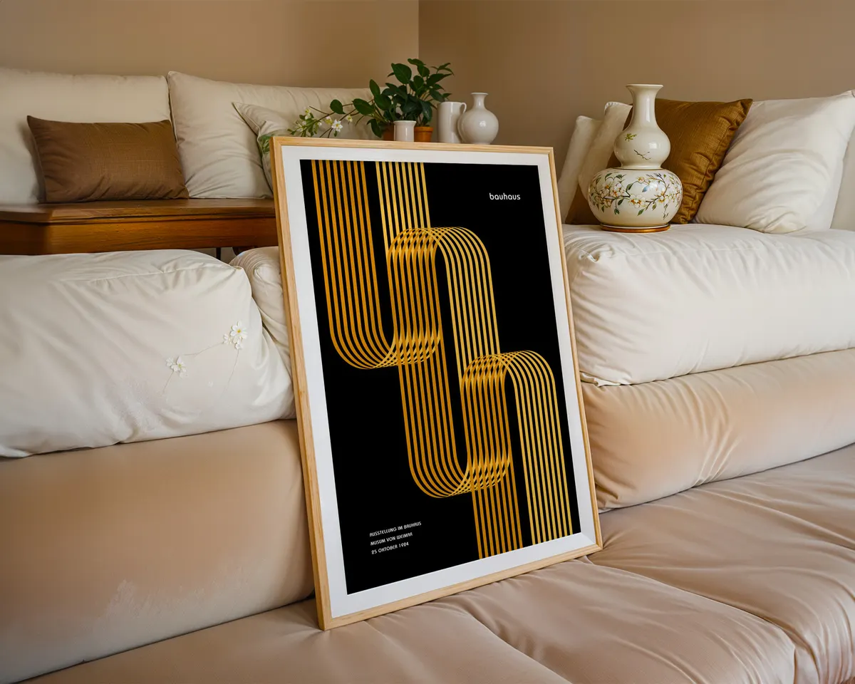 Bauhaus style geometric poster in warm yellow and amber with bold modernist shapes and clean typography. — photo 6
