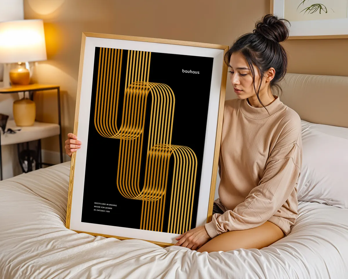 Bauhaus style geometric poster in warm yellow and amber with bold modernist shapes and clean typography. — photo 7