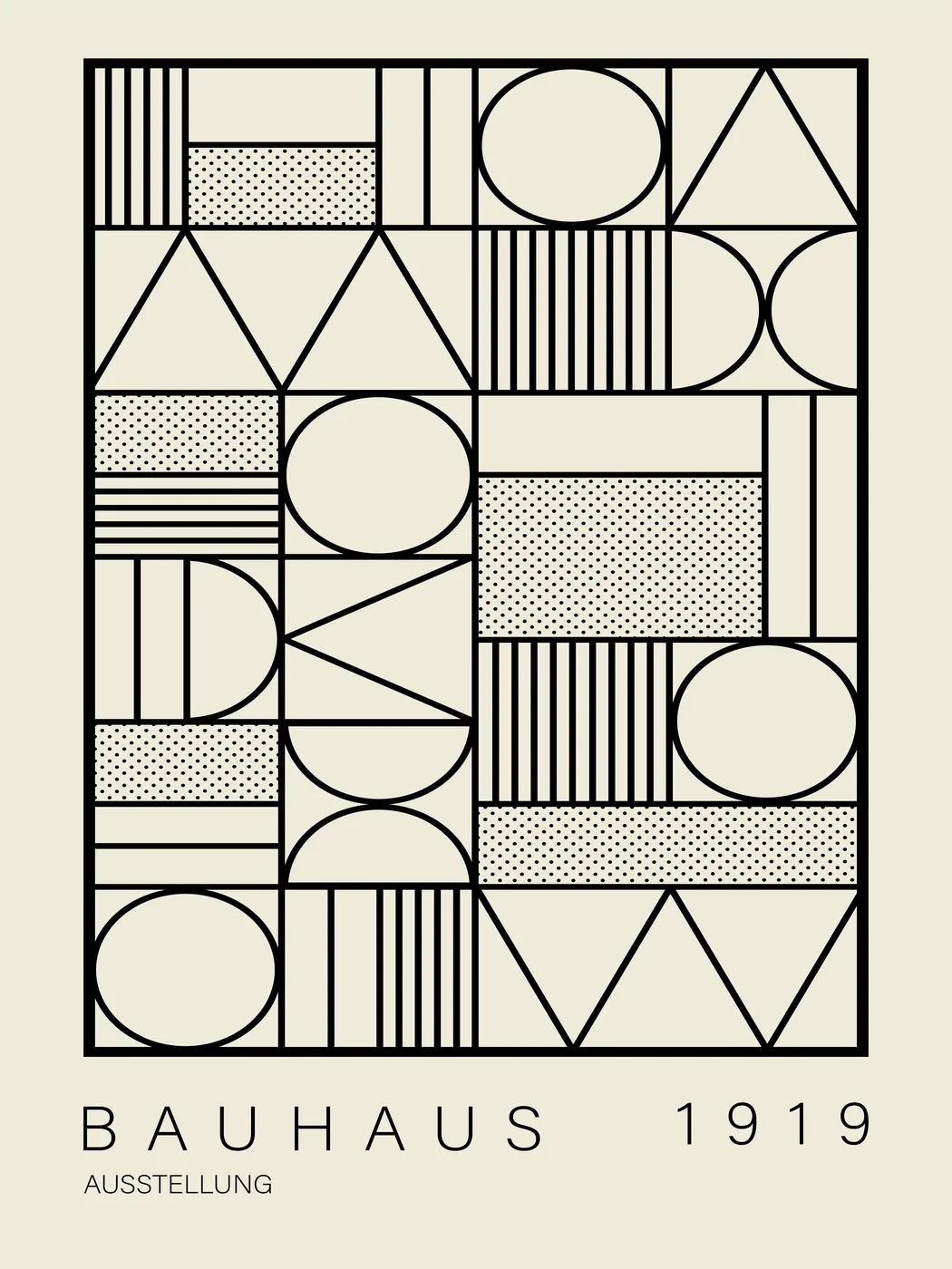 Black and white Bauhaus geometric poster with stark modernist shapes and structured typography in high contrast.