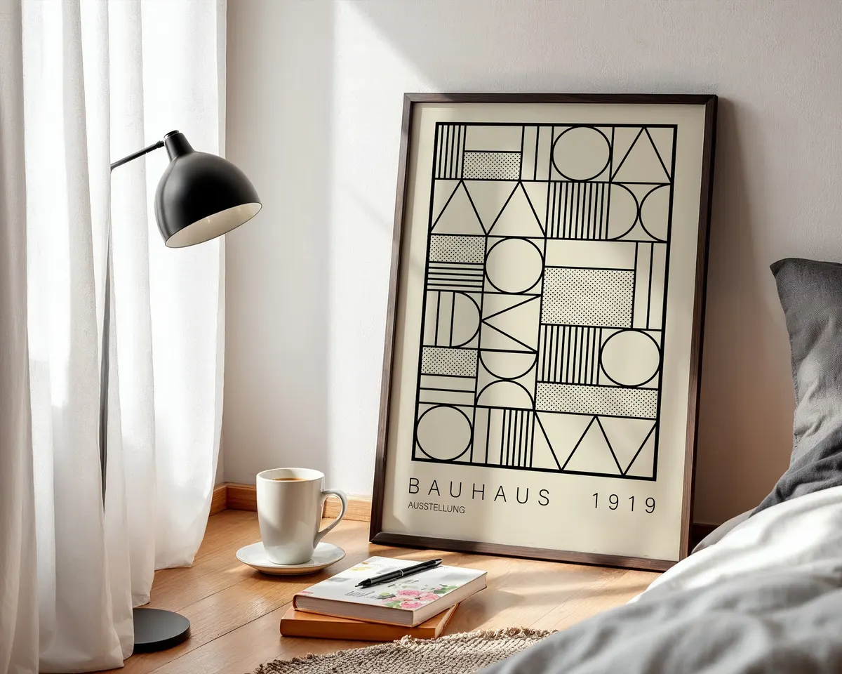 Black and white Bauhaus geometric poster with stark modernist shapes and structured typography in high contrast. — photo 3