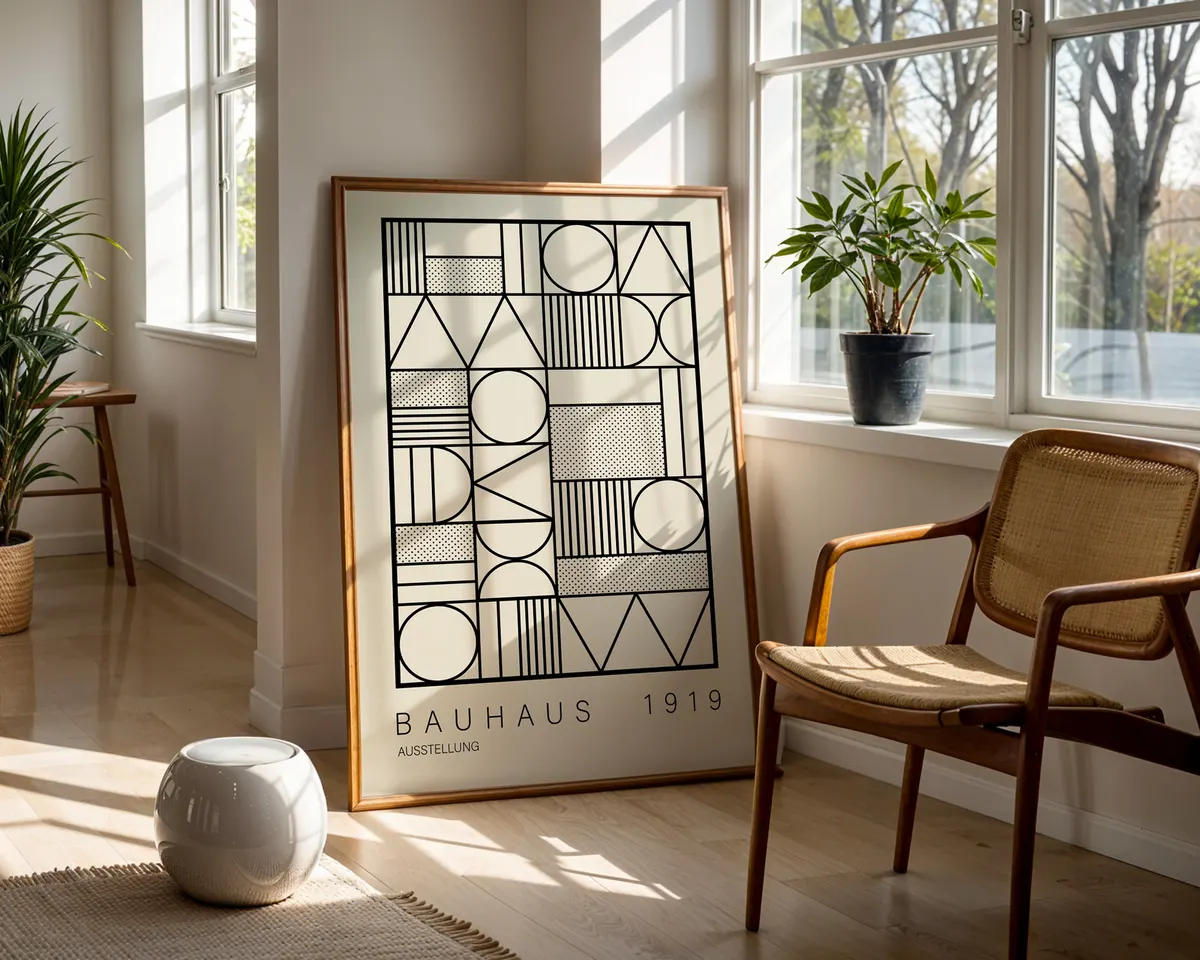 Black and white Bauhaus geometric poster with stark modernist shapes and structured typography in high contrast. — photo 5