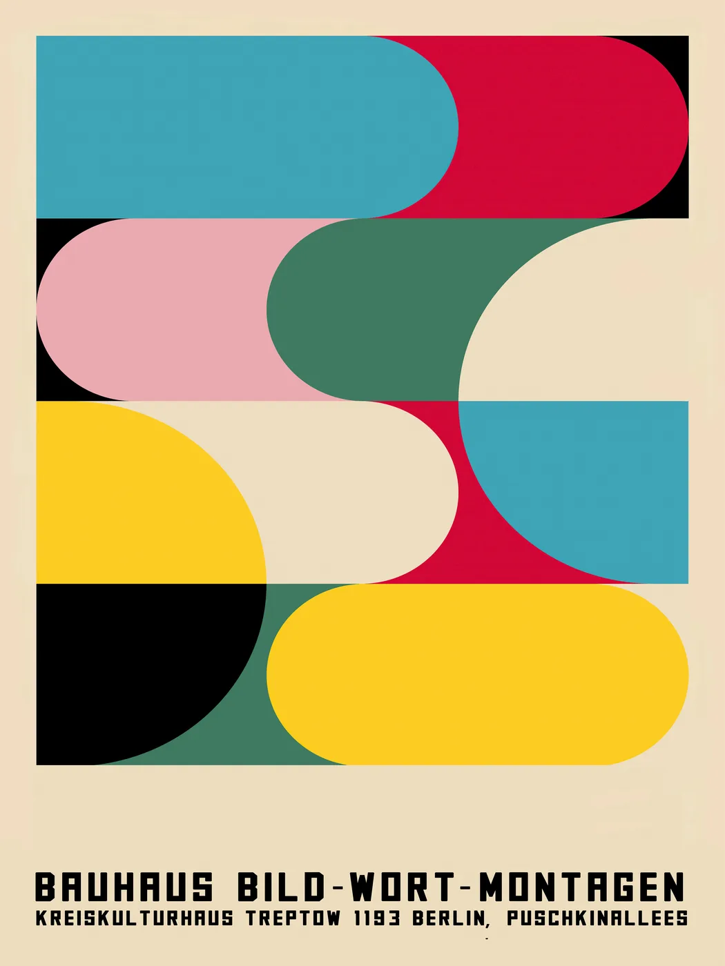 Classic Bauhaus geometric poster with primary colour blocks, clean shapes and modernist typographic elements.