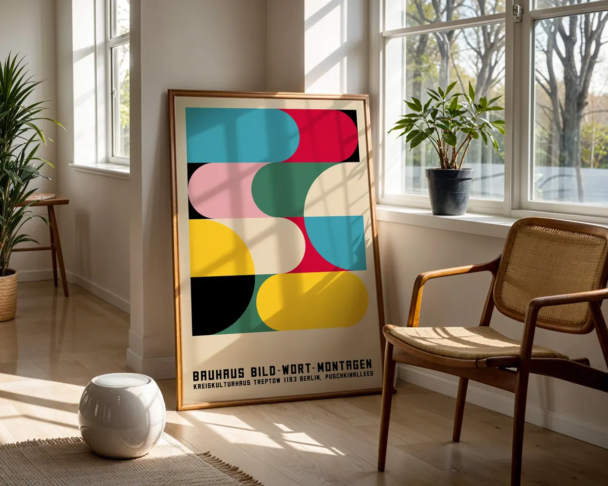 Classic Bauhaus geometric poster with primary colour blocks, clean shapes and modernist typographic elements. — photo 5