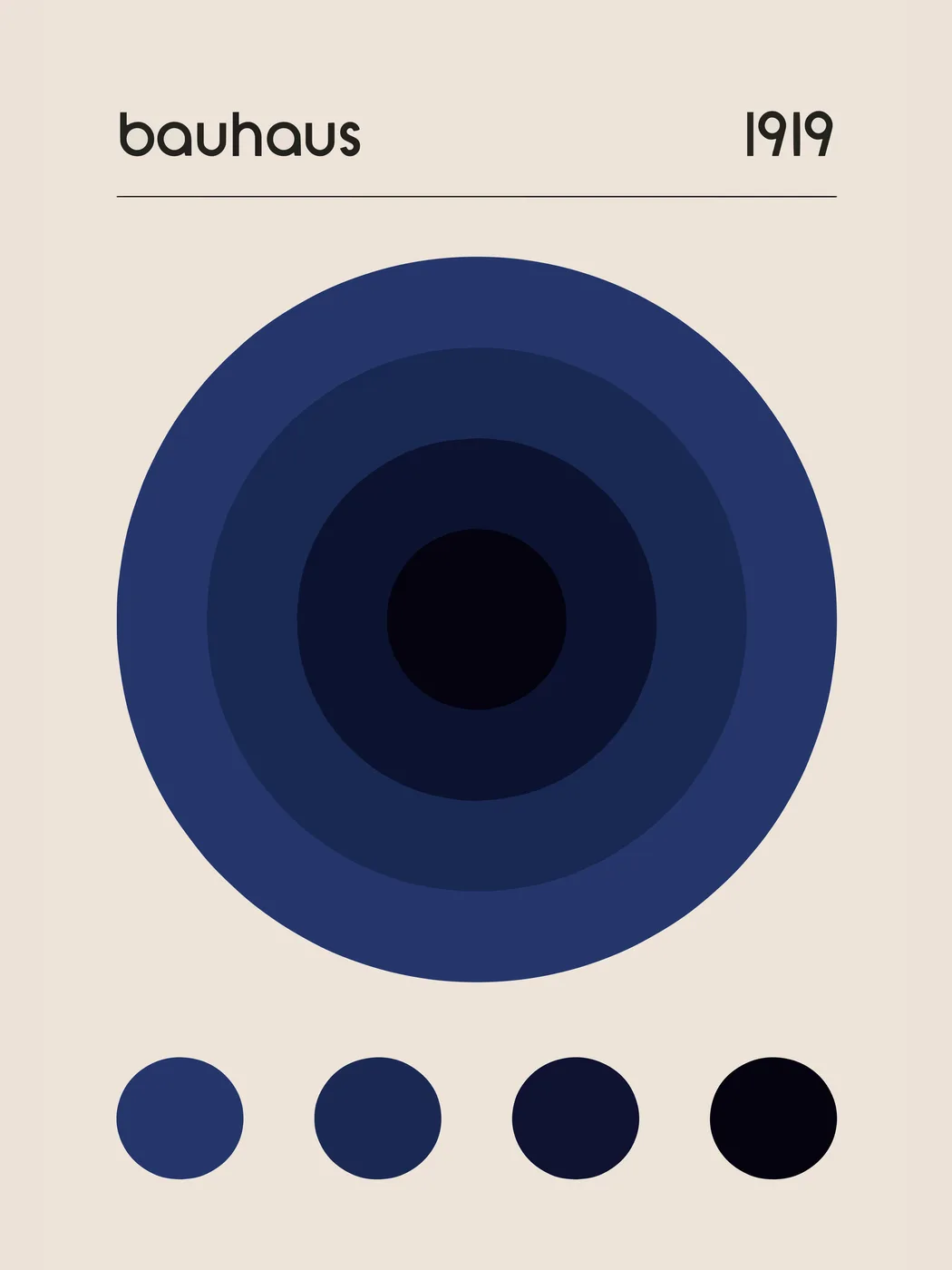 Minimalist Bauhaus poster with a single bold blue circle on a clean light background.