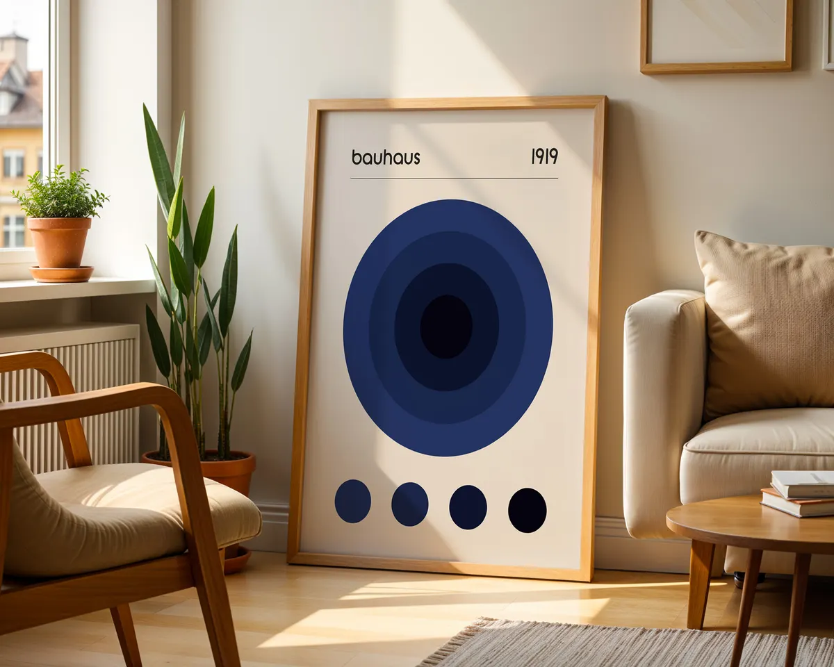 Minimalist Bauhaus poster with a single bold blue circle on a clean light background. — photo 2