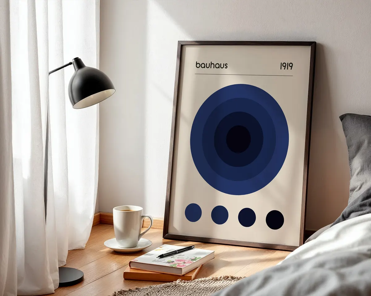Minimalist Bauhaus poster with a single bold blue circle on a clean light background. — photo 3