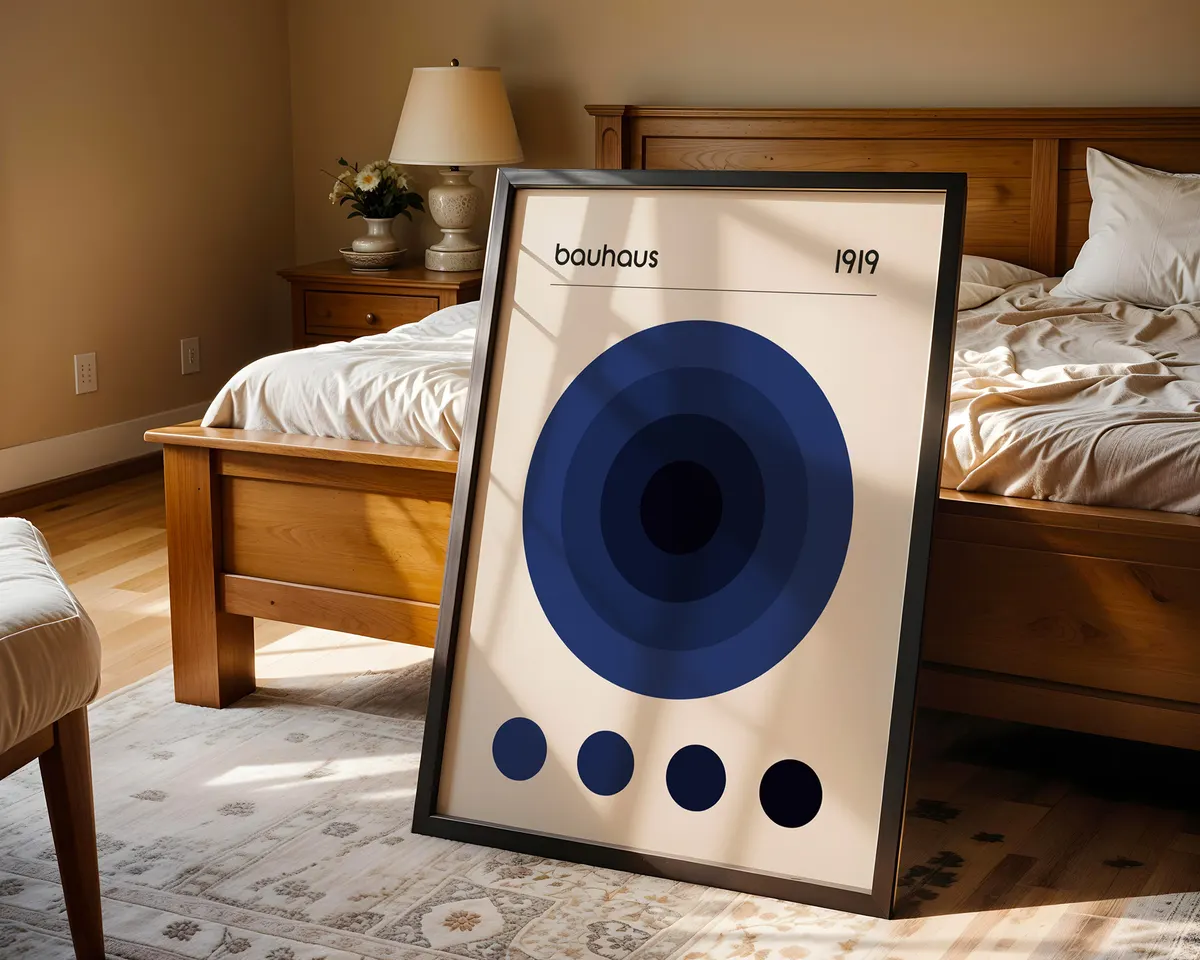 Minimalist Bauhaus poster with a single bold blue circle on a clean light background. — photo 4