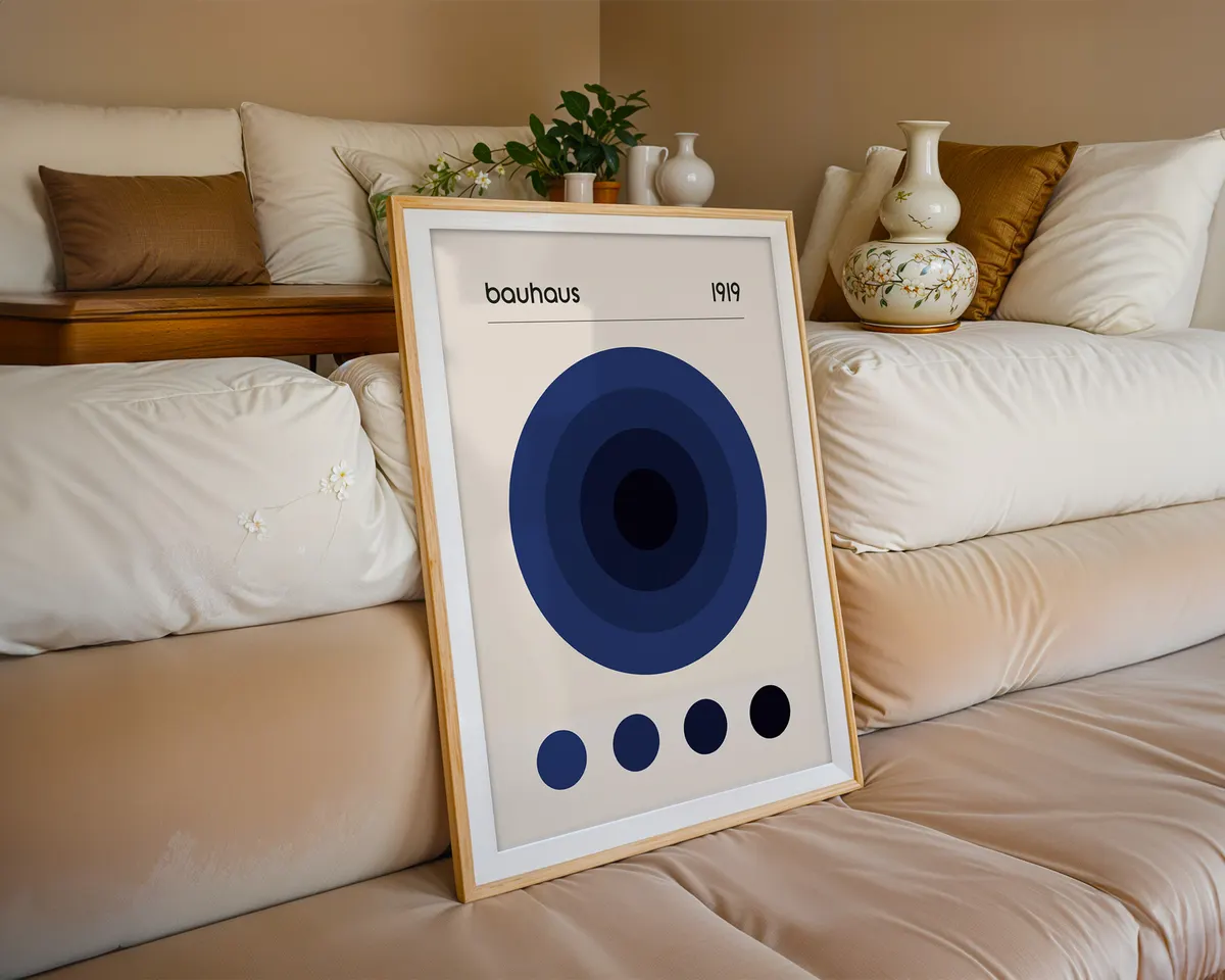 Minimalist Bauhaus poster with a single bold blue circle on a clean light background. — photo 6
