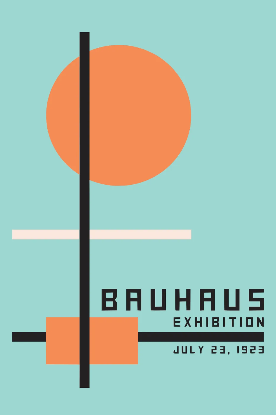 Bauhaus style geometric poster with bold orange and teal complementary colour blocks in a dynamic modernist composition.