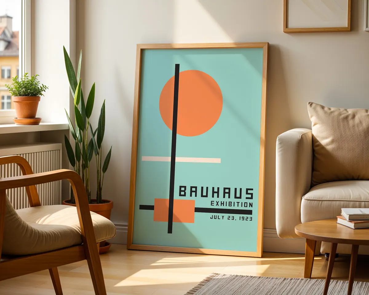Bauhaus style geometric poster with bold orange and teal complementary colour blocks in a dynamic modernist composition. — photo 2