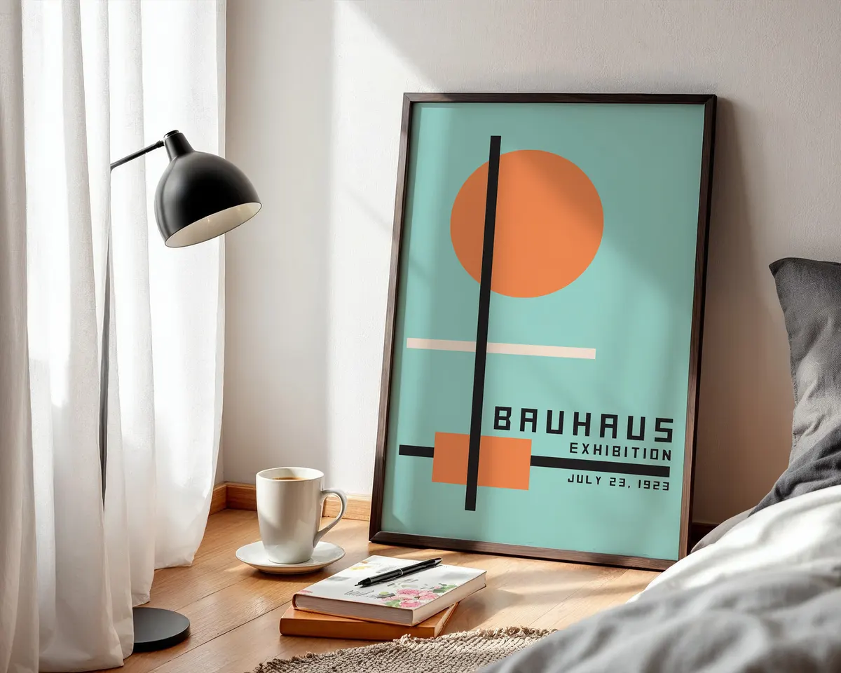Bauhaus style geometric poster with bold orange and teal complementary colour blocks in a dynamic modernist composition. — photo 3