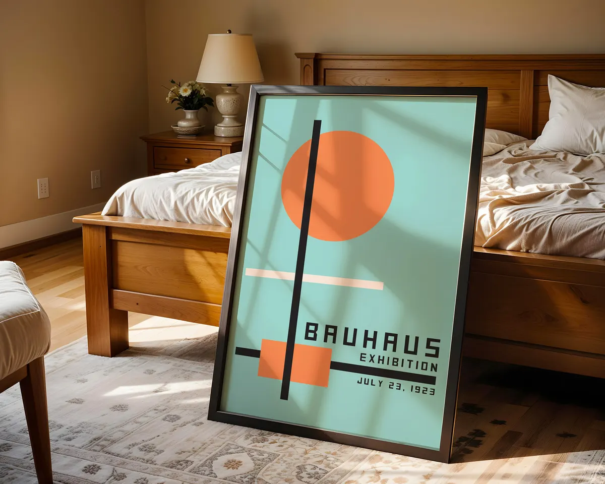 Bauhaus style geometric poster with bold orange and teal complementary colour blocks in a dynamic modernist composition. — photo 4