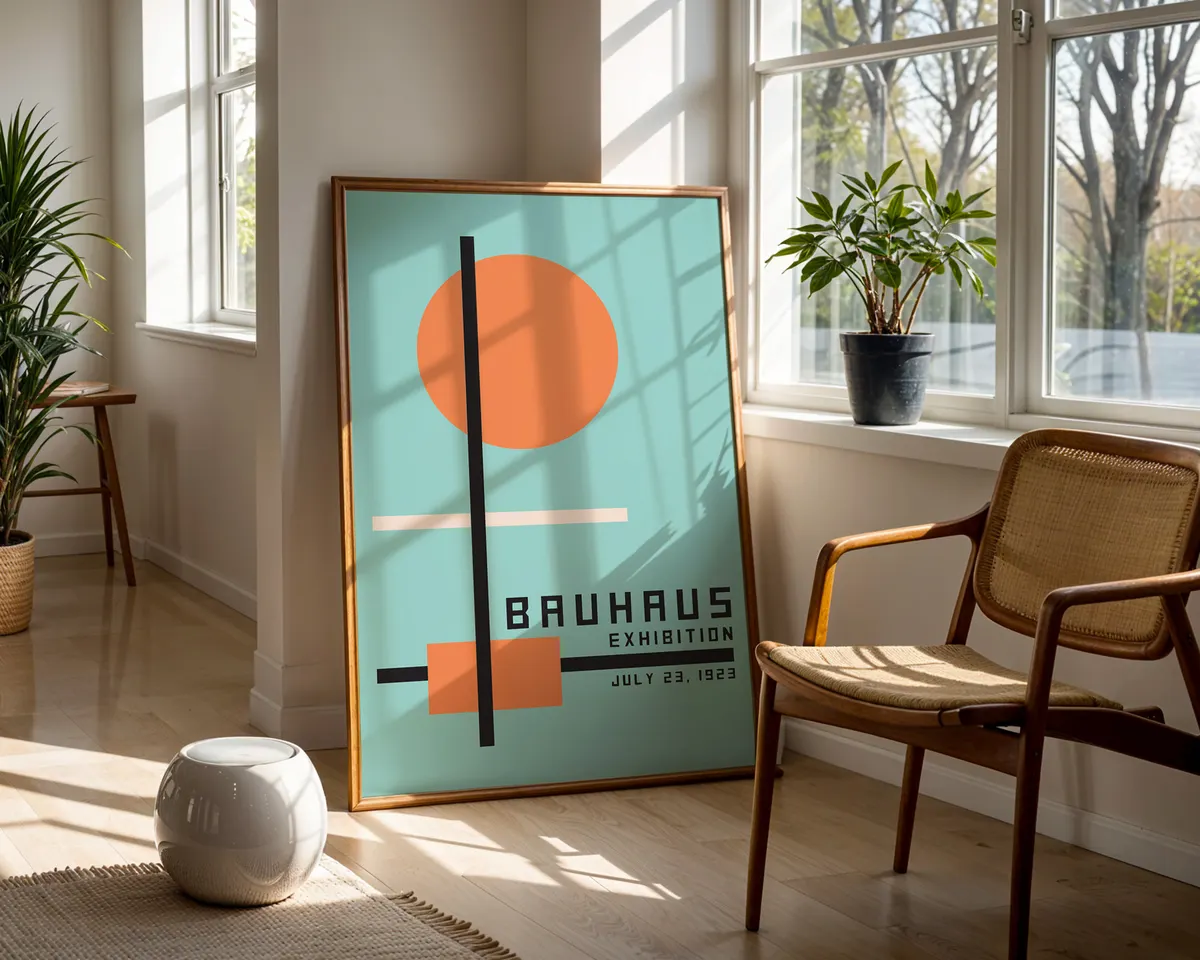 Bauhaus style geometric poster with bold orange and teal complementary colour blocks in a dynamic modernist composition. — photo 5