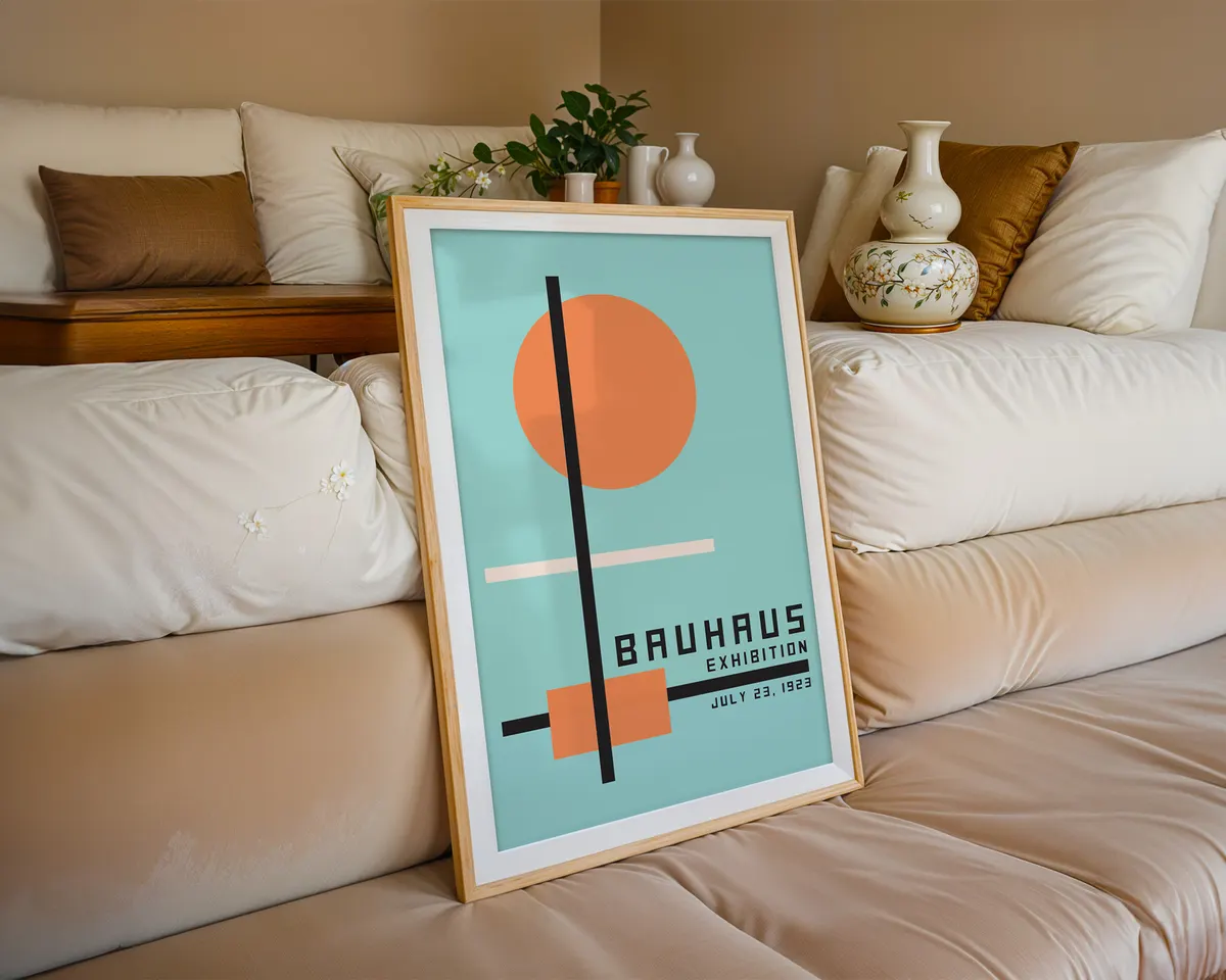 Bauhaus style geometric poster with bold orange and teal complementary colour blocks in a dynamic modernist composition. — photo 6